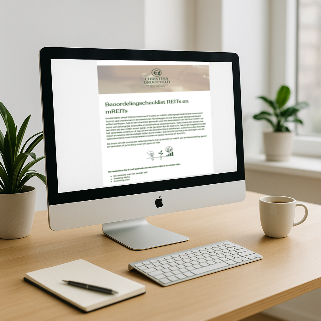 Beoordelingschecklist REITs en mREITs – invultemplate voor Hoog Dividend beleggen en dividend aandelen analyse op computerscherm