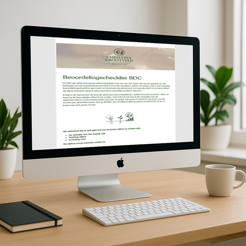 Beoordelingschecklist BDC’s voor Hoog Dividend beleggen – invultemplate op computerscherm om dividend aandelen te beoordelen